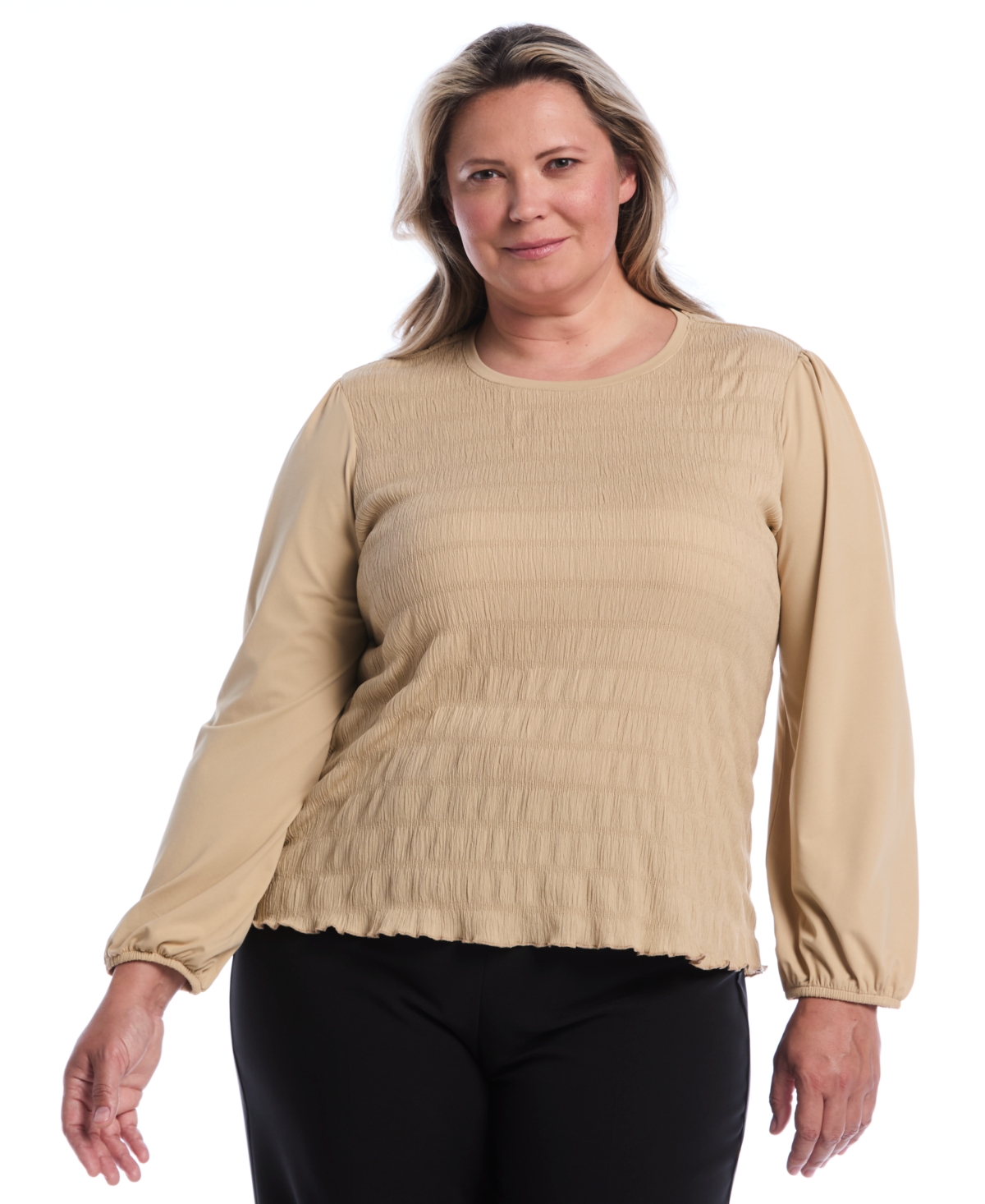 Rafaella Women's Plus Size Puff Sleeve Crew Neck Top in Oatmeal, Size 3X, Polyester/Elastane