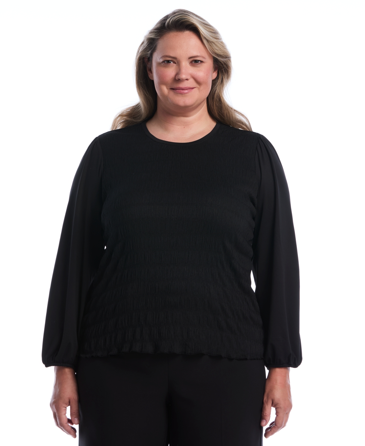 Rafaella Women's Plus Size Puff Sleeve Crew Neck Top in Black, Size 3X, Polyester/Elastane