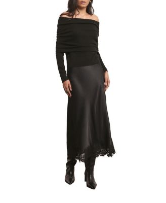 Women's Satin Lace Trim Maxi Skirt