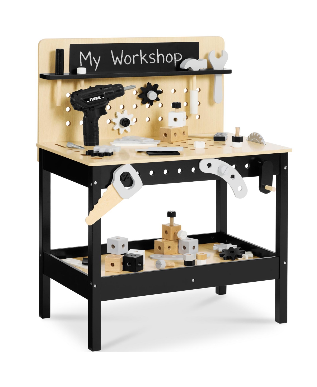 Best Choice Products Wooden Workbench with Battery-Powered Drill Tool Set, Ages 3+