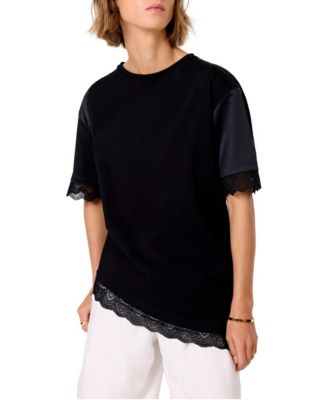 Women's Crewneck Lace-Trim Asymmetric-Hem T-Shirt