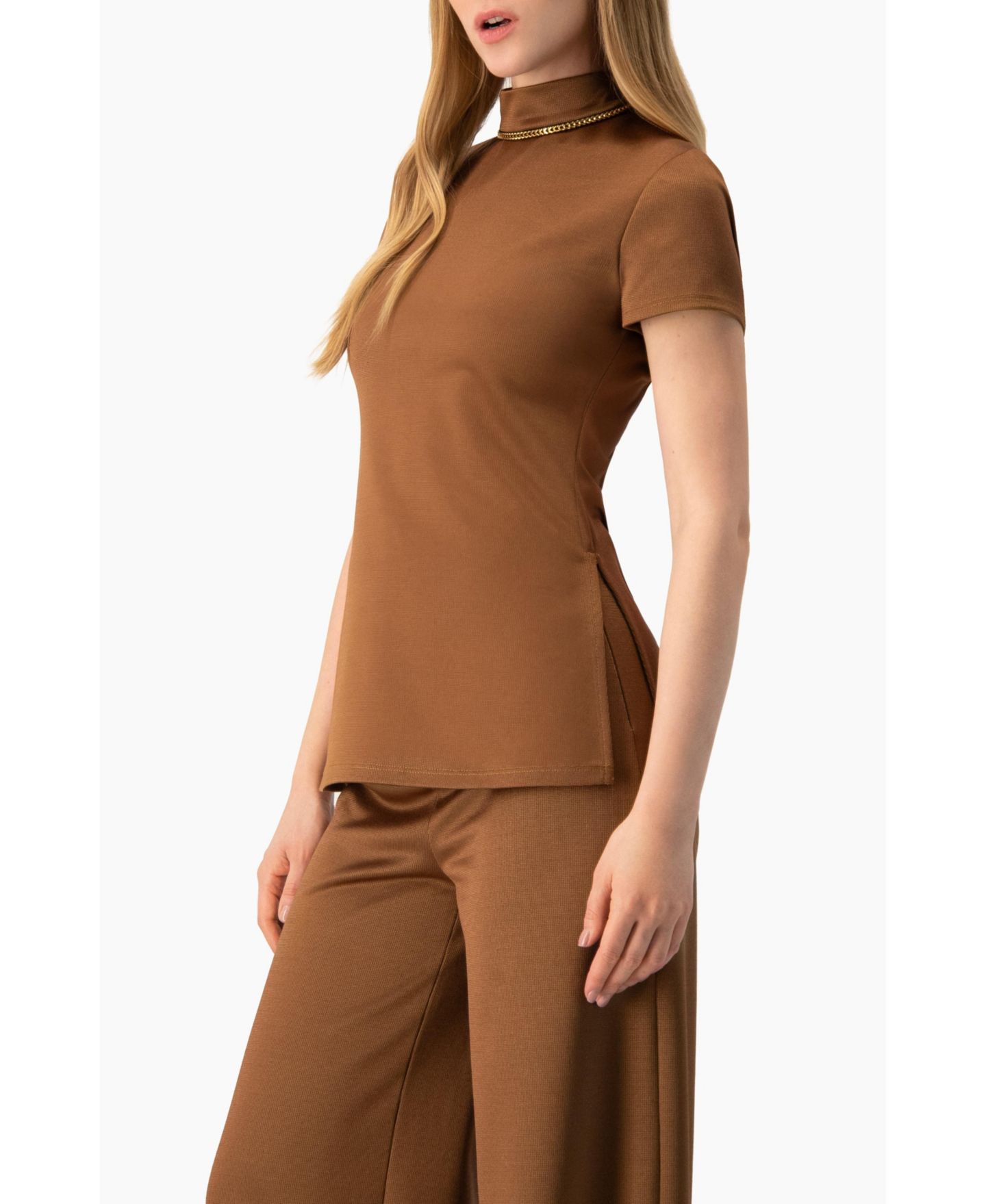 Женская блузка Ivonne High-Neck Short-Sleeve Side-Slit, цвет: Верблюжий — фото 4