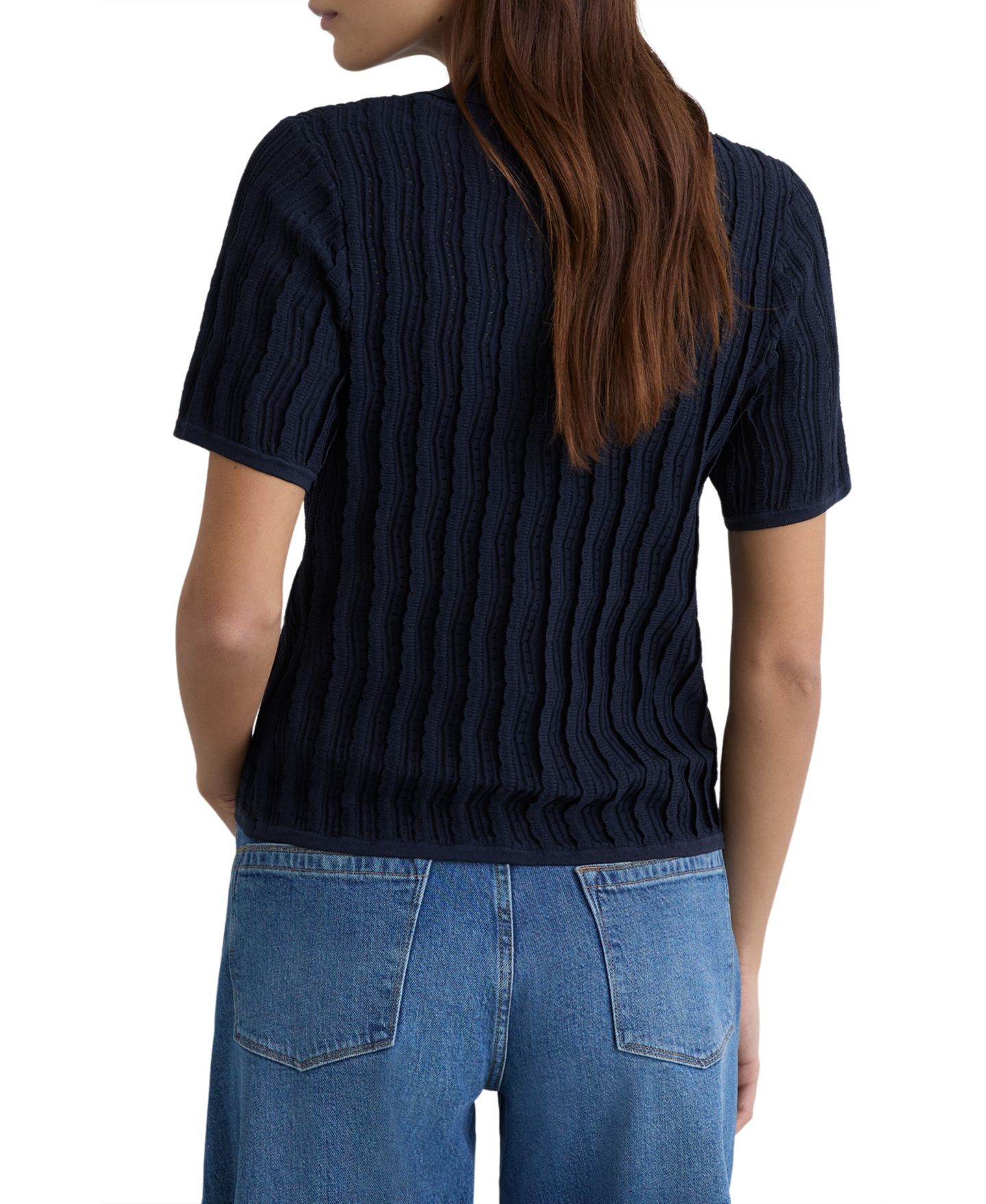 Женское поло REISS Audrey Ribbed Polo, цвет: Тёмно-синий — фото 2