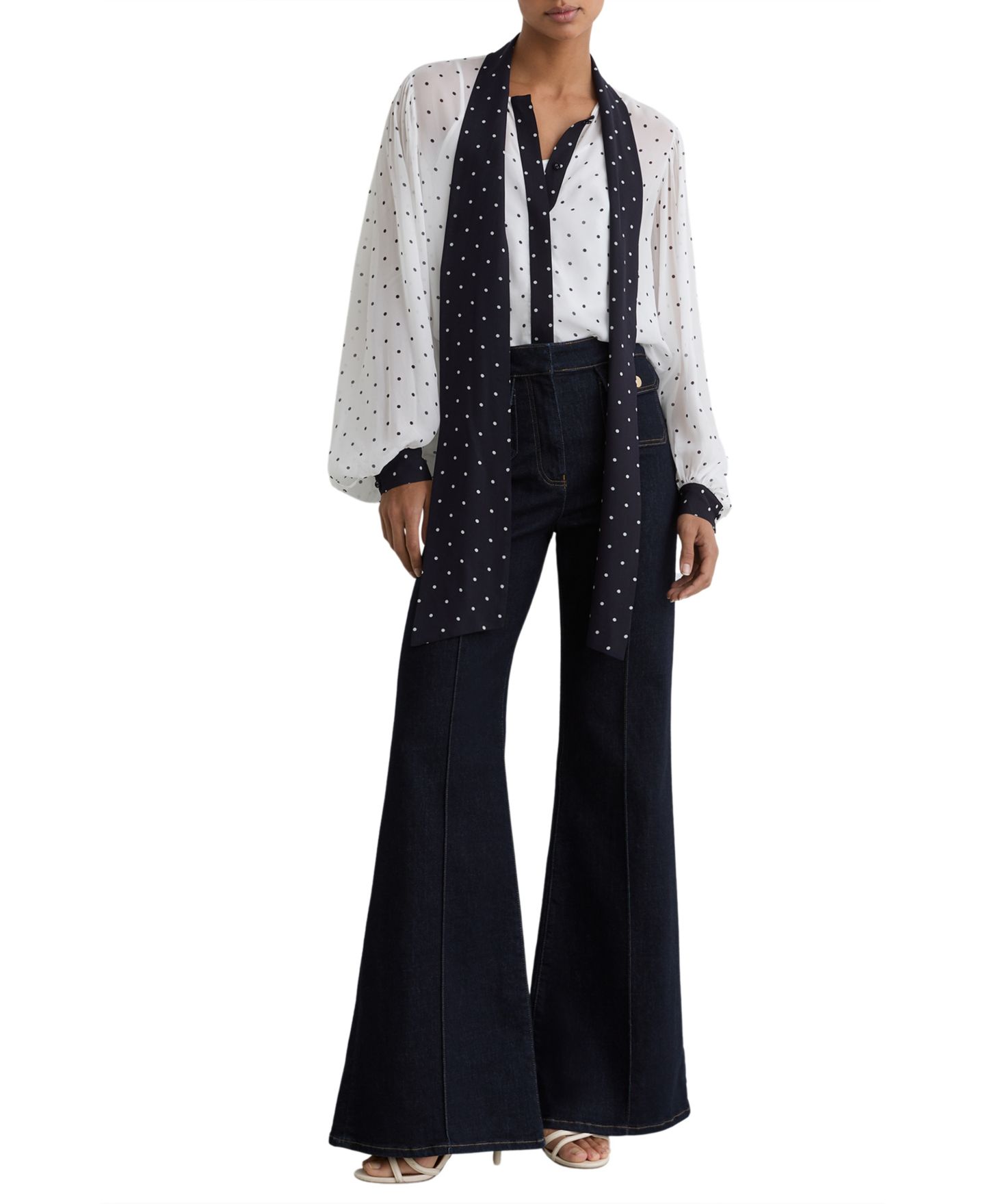 Женская блузка REISS Arial Tie-Neck Long-Sleeve, цвет: Ivorynavy — фото 3