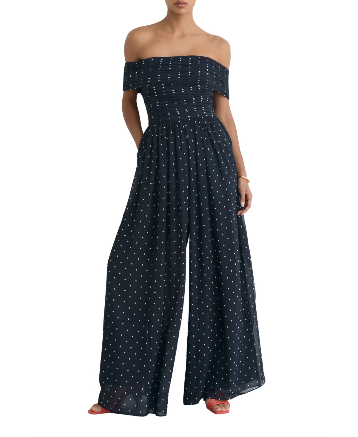 Reiss Women's Margo Polka-Dot Off-the-Shoulder Wide-Leg Jumpsuit - Navy, ivory