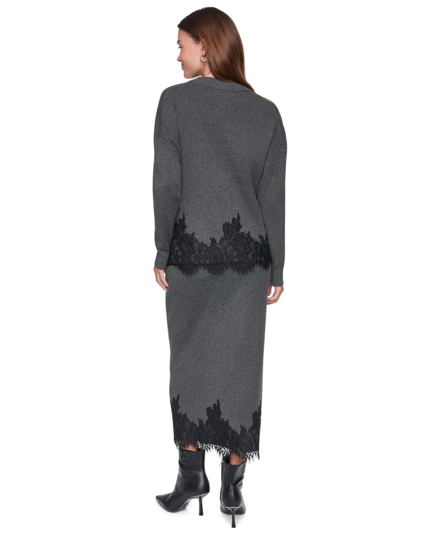 Женский свитер DKNY Lace-Trim Long-Sleeve Loose-Fit, цвет: Асфальтовый — фото 5