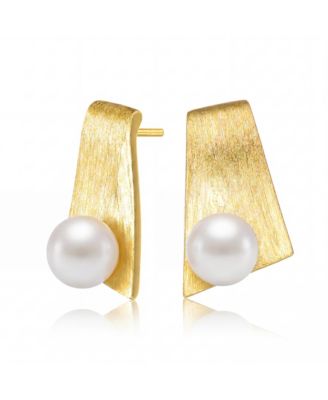 Unique Sterling Silver 14k Gold Plated White Pearl Earrings