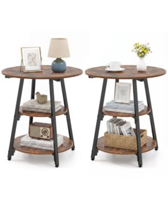 2-Piece Round Side Table Set with 3-Tier Metal Shelves