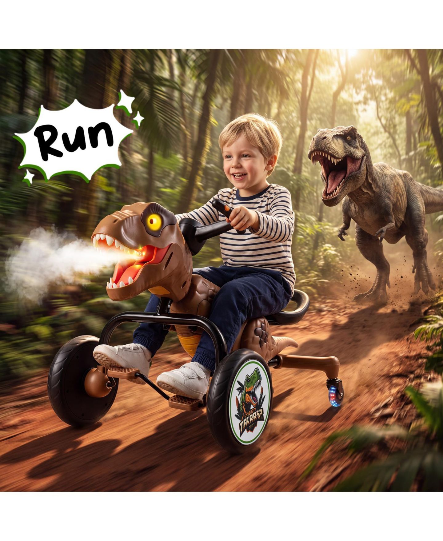 Детская игрушка Costway Dinosaur Drift Tricycle with Lights & Mist Spray, 66 lb. Capacity, Ages 3-8, цвет: Коричневый — фото 5