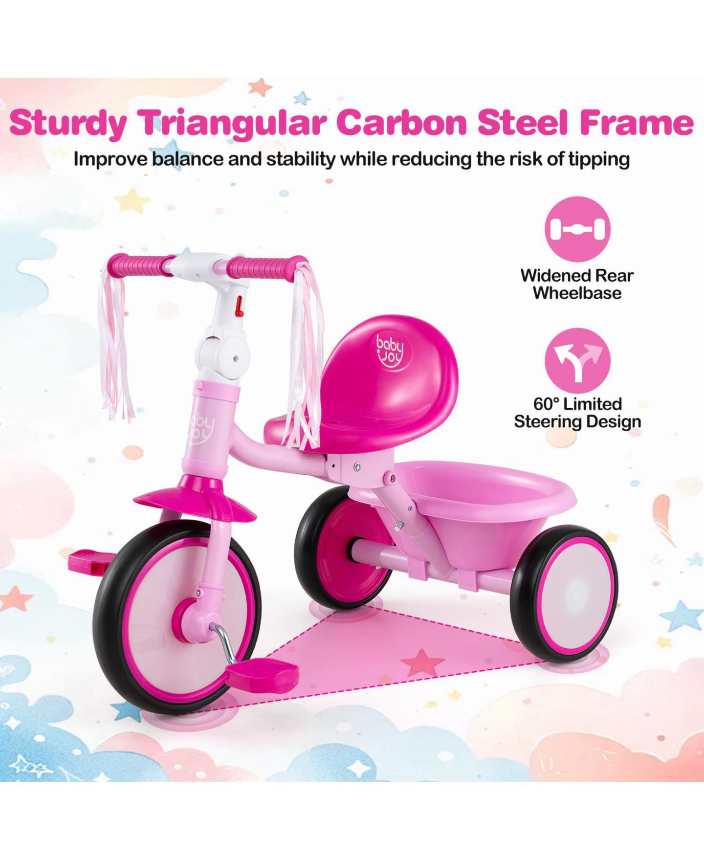 Детская игрушка Costway Foldable Toddler Tricycle with Light-Up Wheels and Adjustable Seat, 55 lb. Capacity, Ages 2-5, цвет: Розовый — фото 8