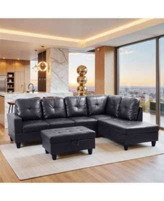104" 3-Piece Luxury Leather L-Shaped Sectional Sofa Set, Modern Couch with Storage Ottoman for Living Room