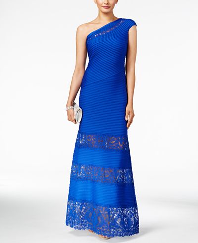 Tadashi Shoji Pintucked Lace-Trim One-Shoulder Gown