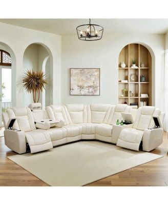 210 in. L-Shape Recliner Sofa Set, Leather Sectional Sofa with 6 Seats, USB, Wireless Charging, Electric Reclining, LED and Cup Holders