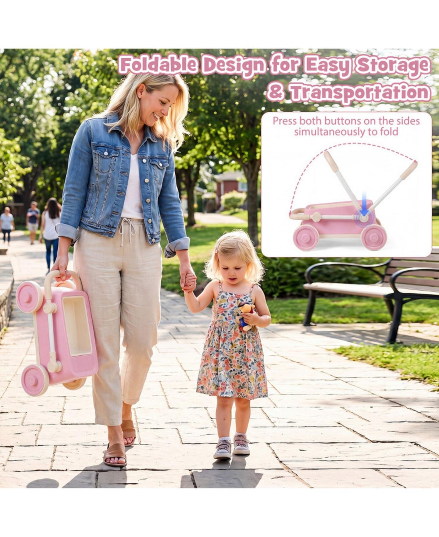 Детская игрушка SUGIFT Baby Push Wagon with Foldable Handlebar and Storage Basket, Ages 3-6, цвет: Розовый — фото 9