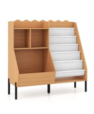 Kids Bookshelf and Toy Storage Organizer Wooden Bookcase with 5 Fabric Pockets