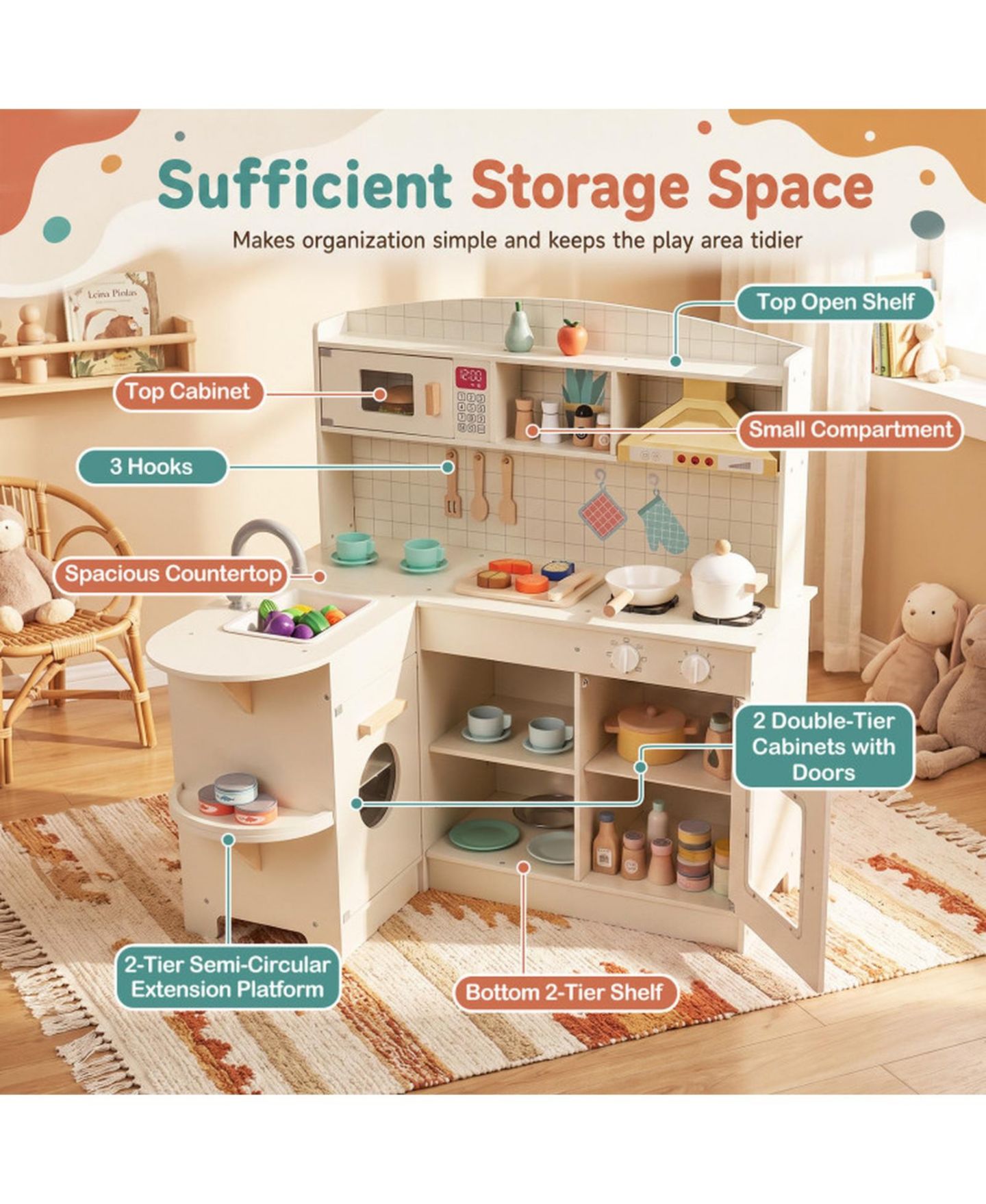 Детская игрушка HONGGE Lights and Sounds Wooden Play Kitchen, Ages 3+ — фото 8