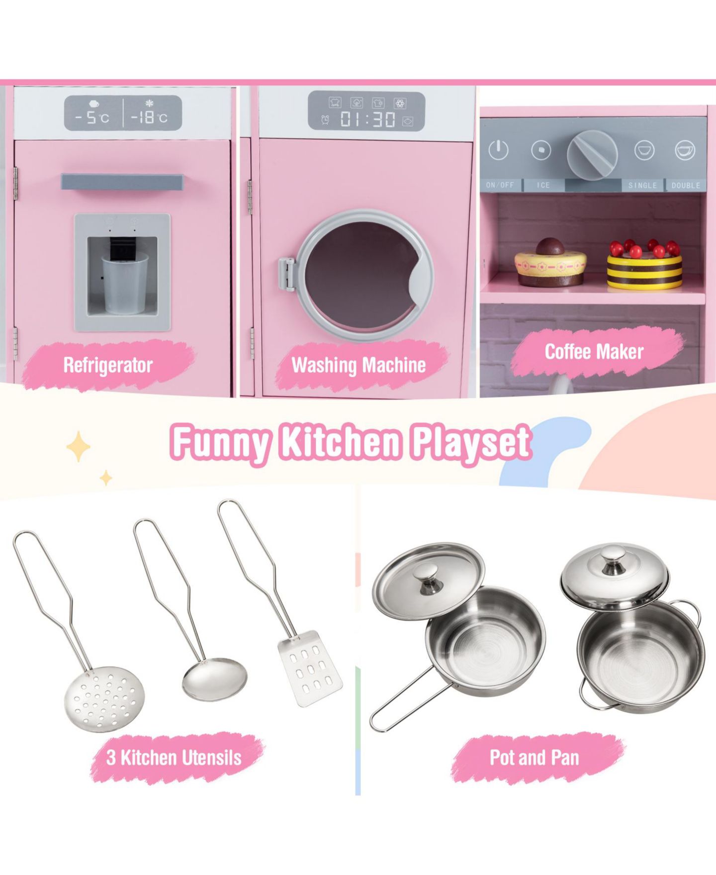 Детские игрушки HONGGE Clicking-Knobs Washing Machine Door Pretend Play Kitchen Set, Ages 3+, цвет: Розовый — фото 8