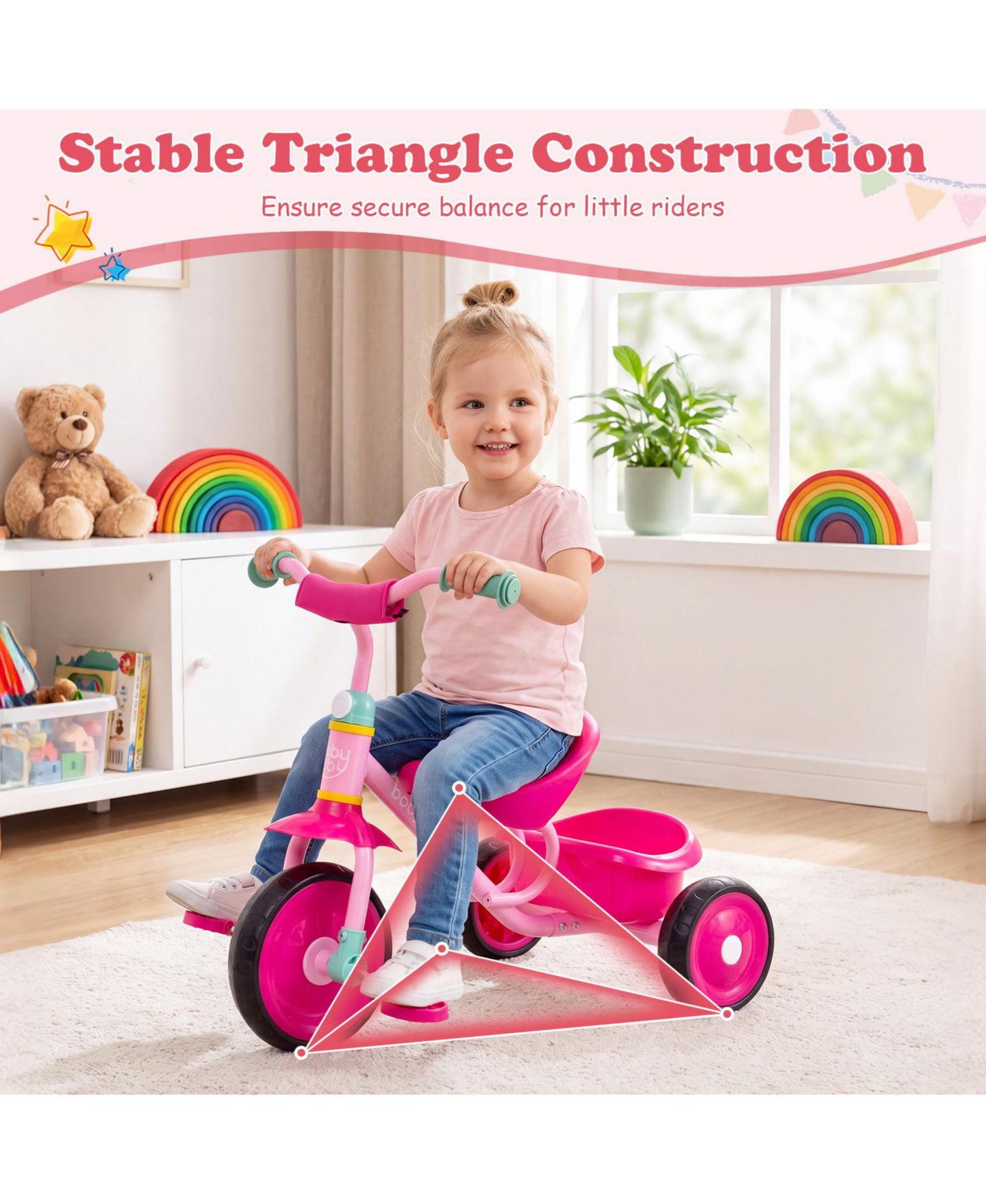 Детская игрушка Costway Toddler Tricycle with Removable Storage Basket, Indoor/Outdoor, 55 lbs Capacity, 2–5 лет, цвет: Розовый — фото 8
