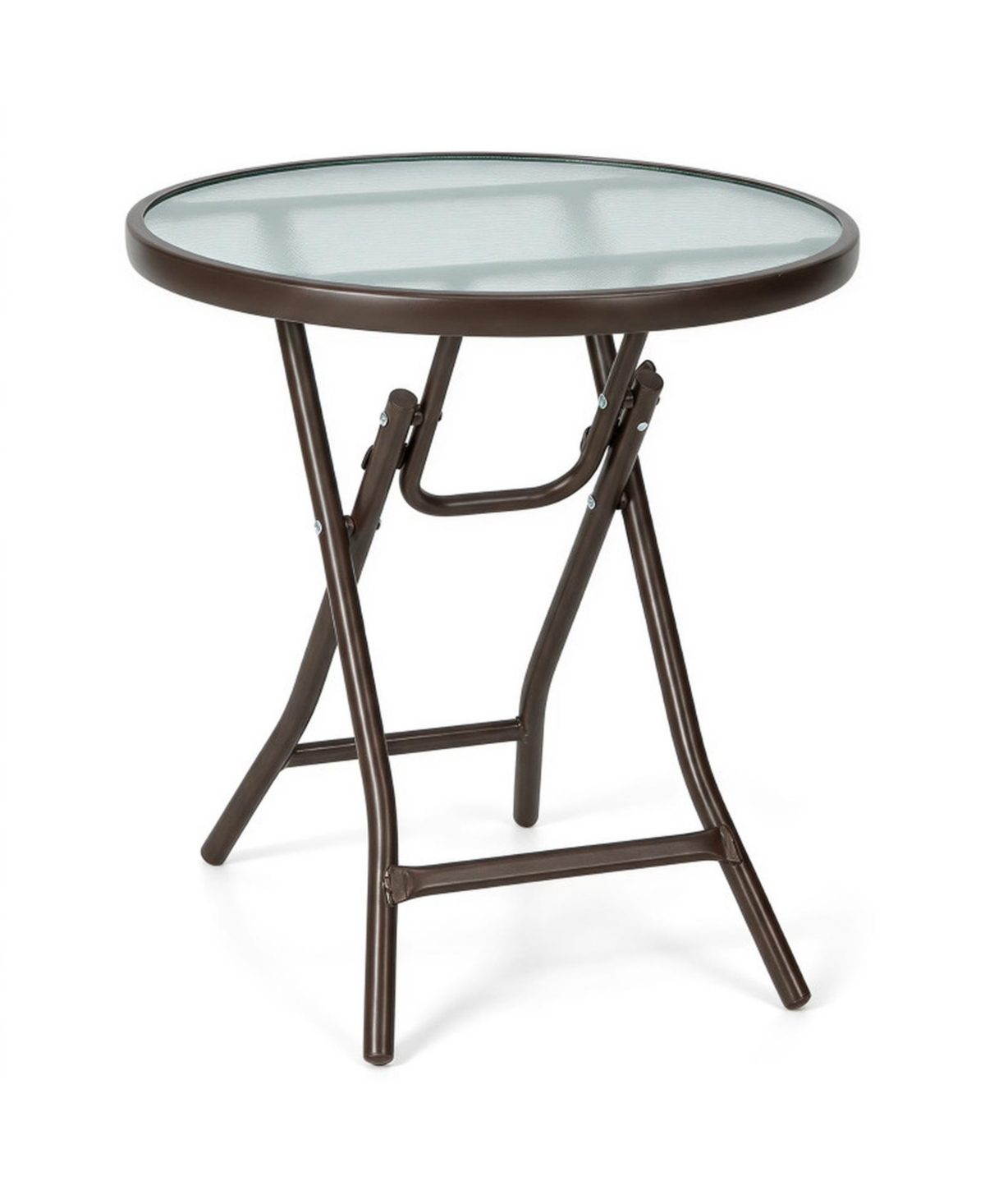 Gouun 18 in Round Folding Patio Side Table with Tempered Glass - Brown frame clear glass