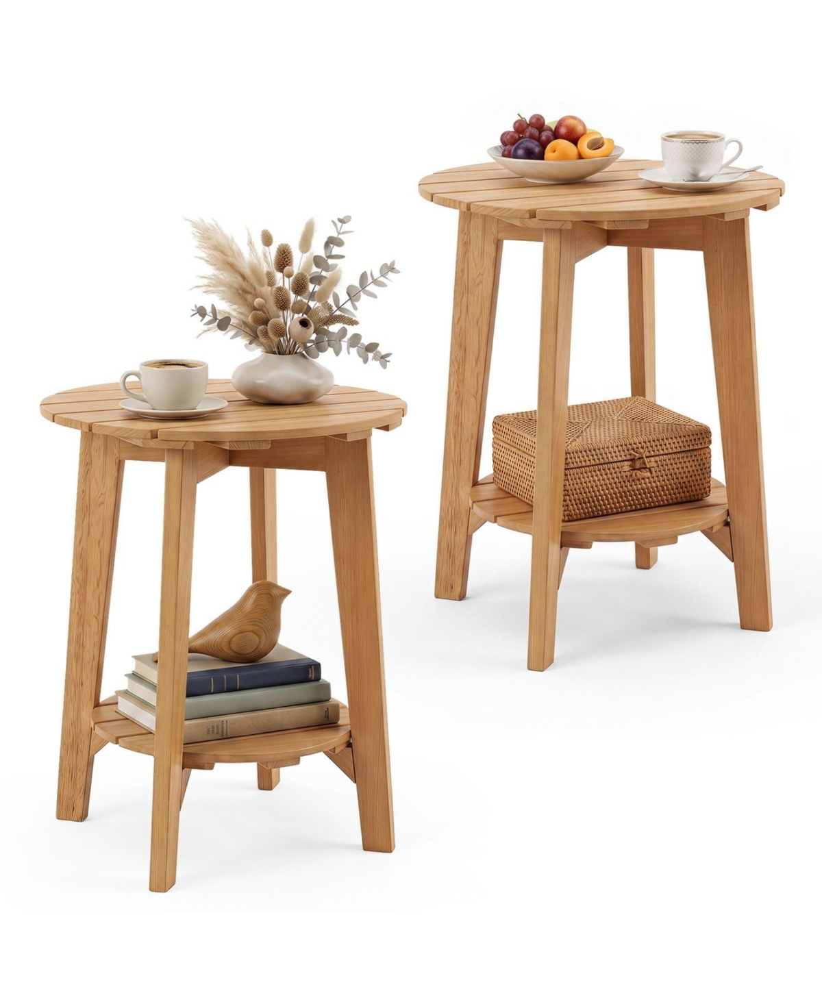 Sugift 2-Tier Slatted Outdoor Accent Table Set with Storage Shelf
