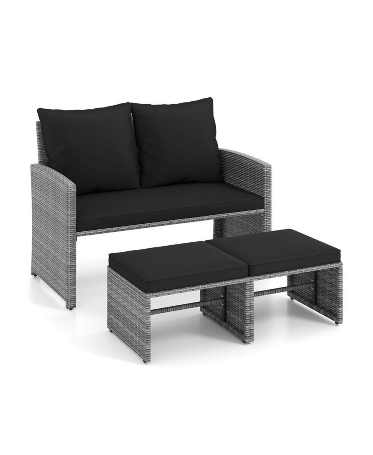 Gouun 3-Piece Wicker Patio Loveseat Set Featuring Two Ottomans