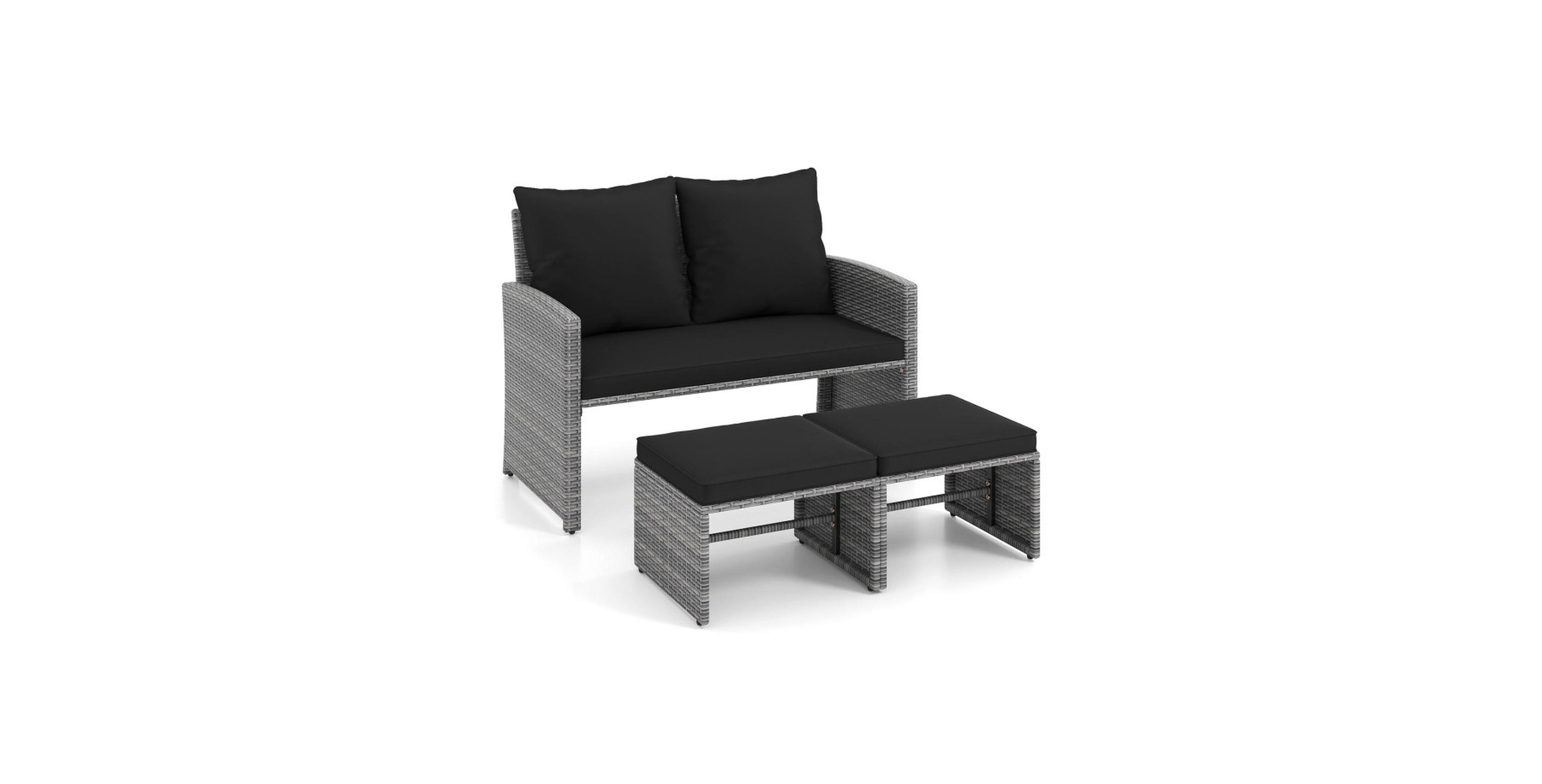 Gouun 3-Piece Wicker Patio Loveseat Set Featuring Two Ottomans