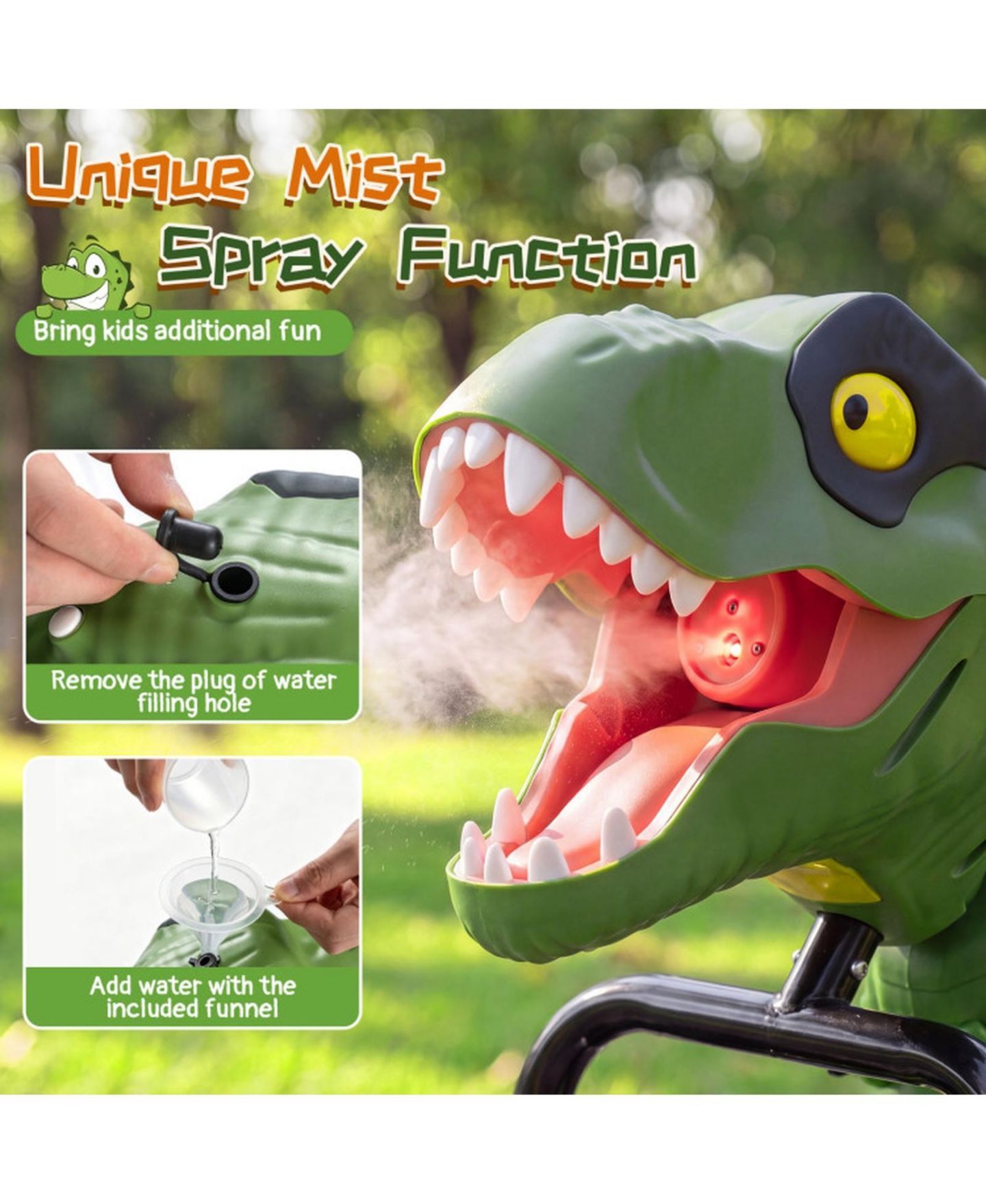 Детская игрушка HONGGE Dinosaur Drift Tricycle with Mist Spray, Roar Sound & Lighted Head, 66 lb Capacity, Ages 3-8, цвет: Зелёный — фото 4