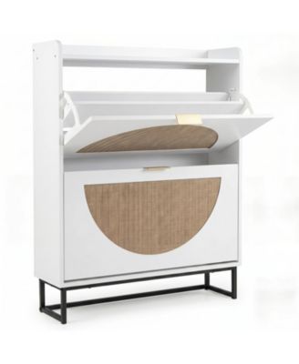 Narrow Shoe Storage Cabinet with Faux Rattan Flip Drawers
