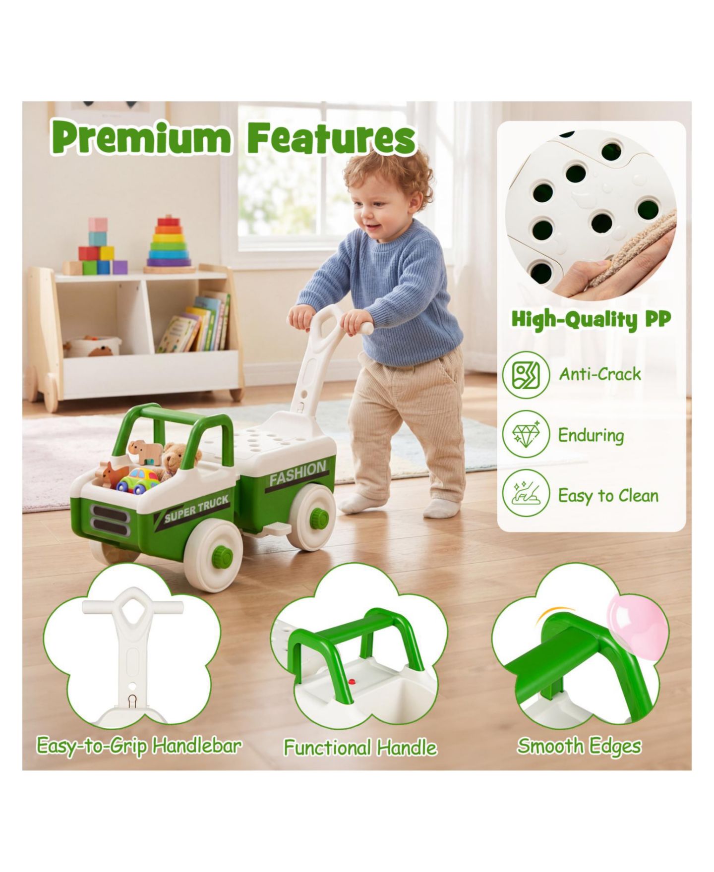 Детская игрушка Mecale 4-in-1 Kids Ride-On Push Car with Music, up to 45 lbs, Ages 1.5–5, цвет: Зелёный — фото 7