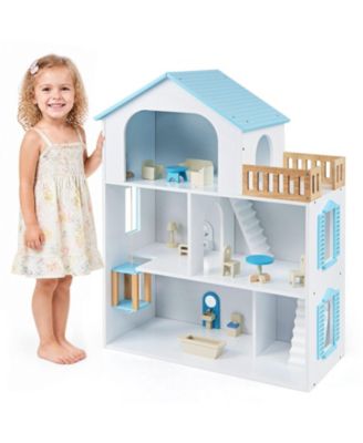 Wooden Dollhouse with 5 Play Rooms and Working Elevator, Furniture Accessories Included, Ages 3+