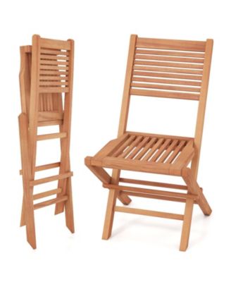 Folding Teak Wood Outdoor Dining Chairs with Slatted Seat Set of 2