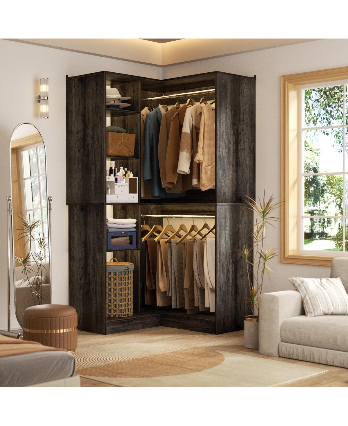 Aheaplus 36'' Corner Closet Organizer System with 2 Hanging Rods and 4 Shelves - Dark gray oak