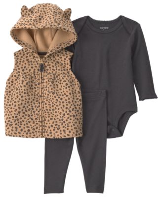 Baby Girls' Leopard-Print Long-Sleeve Hooded Vest, Bodysuit and Leggings, 3-Piece Set