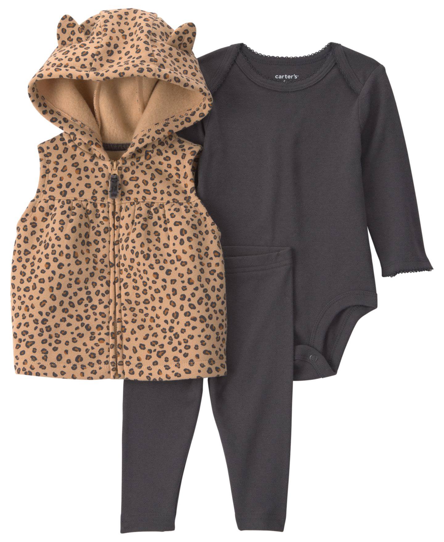 Carter's Baby Girls' Leopard-Print Long-Sleeve Hooded Vest, Bodysuit and Leggings, 3-Piece Set, цвет: Коричневый / Чёрный — фото 1