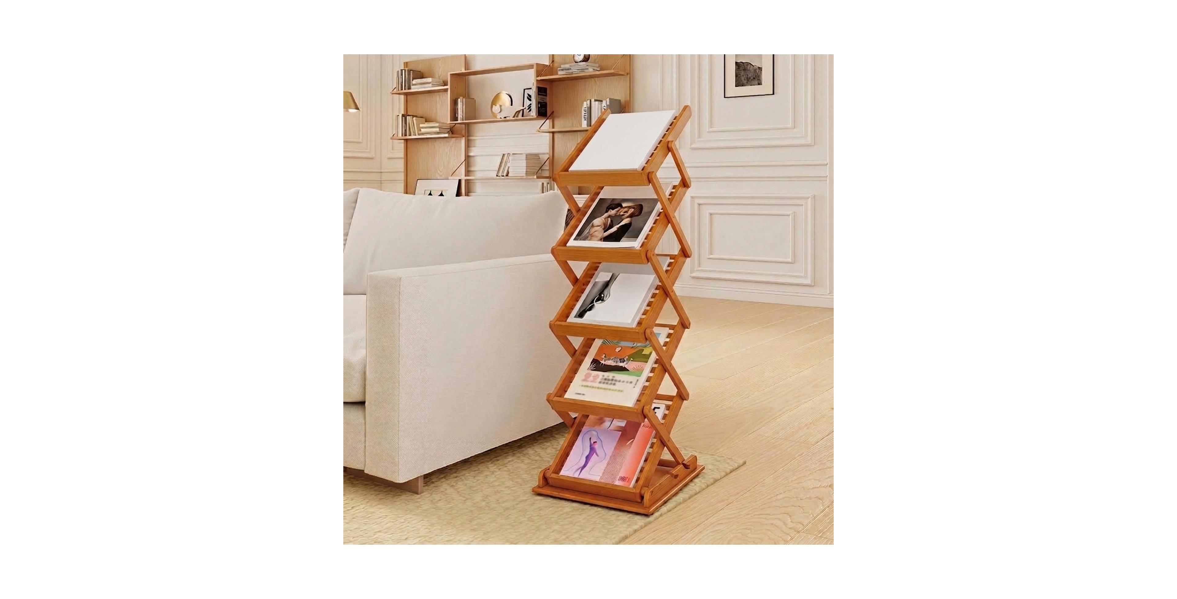 Gouun Foldable Bamboo Magazine Rack Featuring Two Height Settings