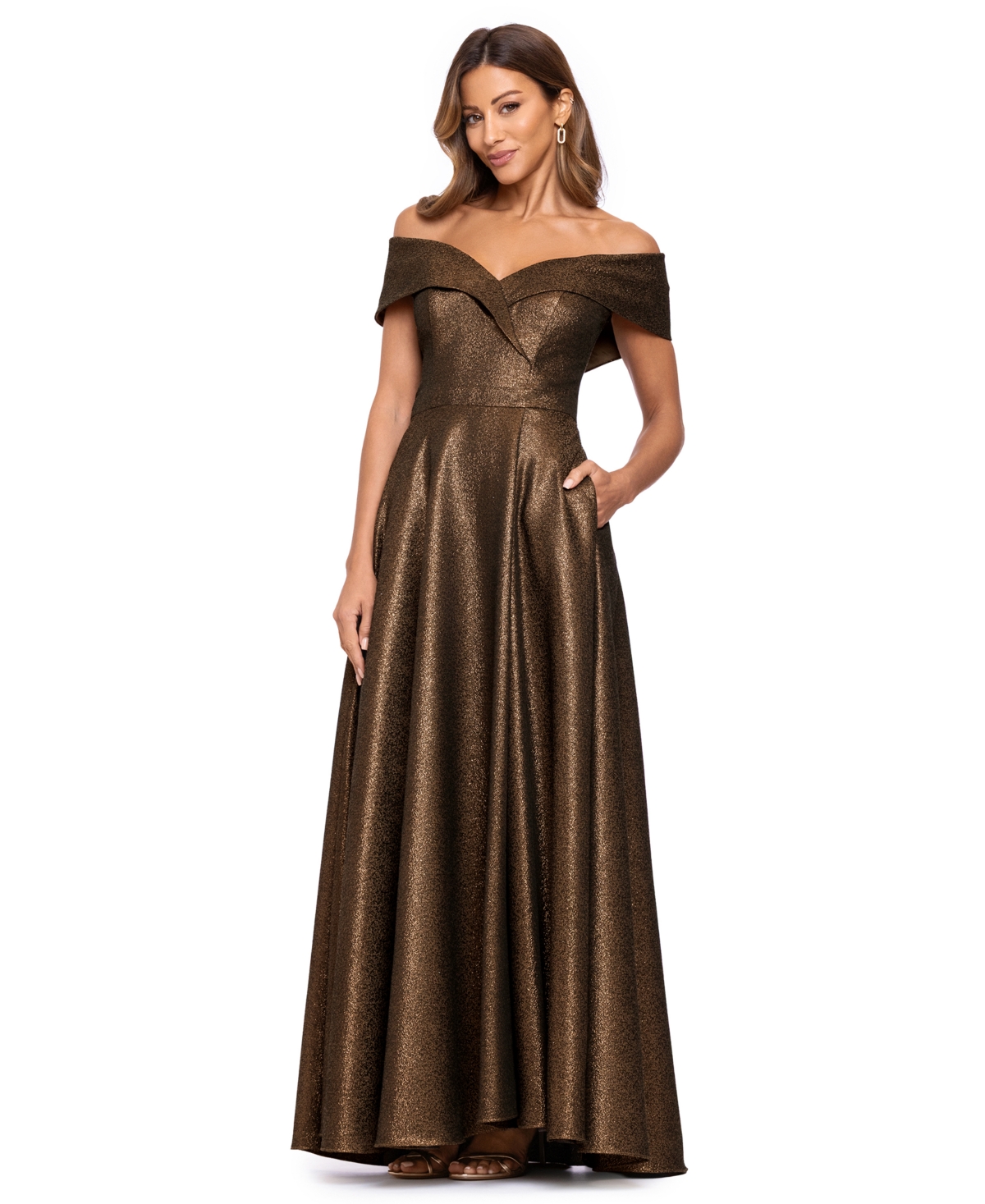 Xscape Women's Off-the-Shoulder Metallic Jacquard Ball Gown