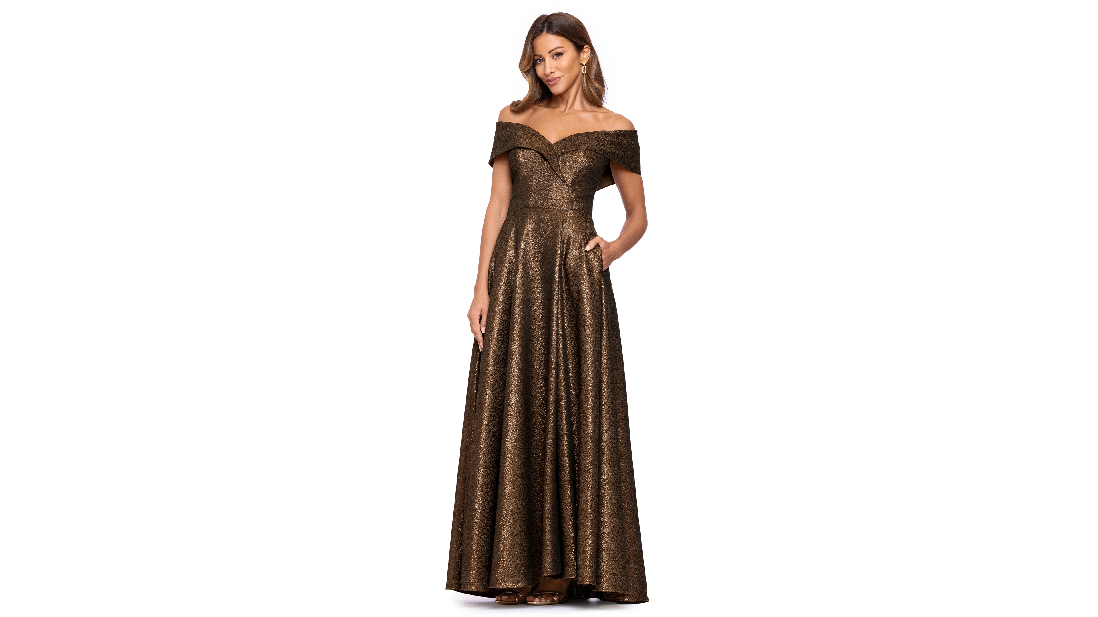 Xscape Women's Off-the-Shoulder Metallic Jacquard Ball Gown