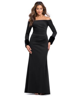 Women's Off-the-Shoulder Long-Sleeve Faux Fur Gown