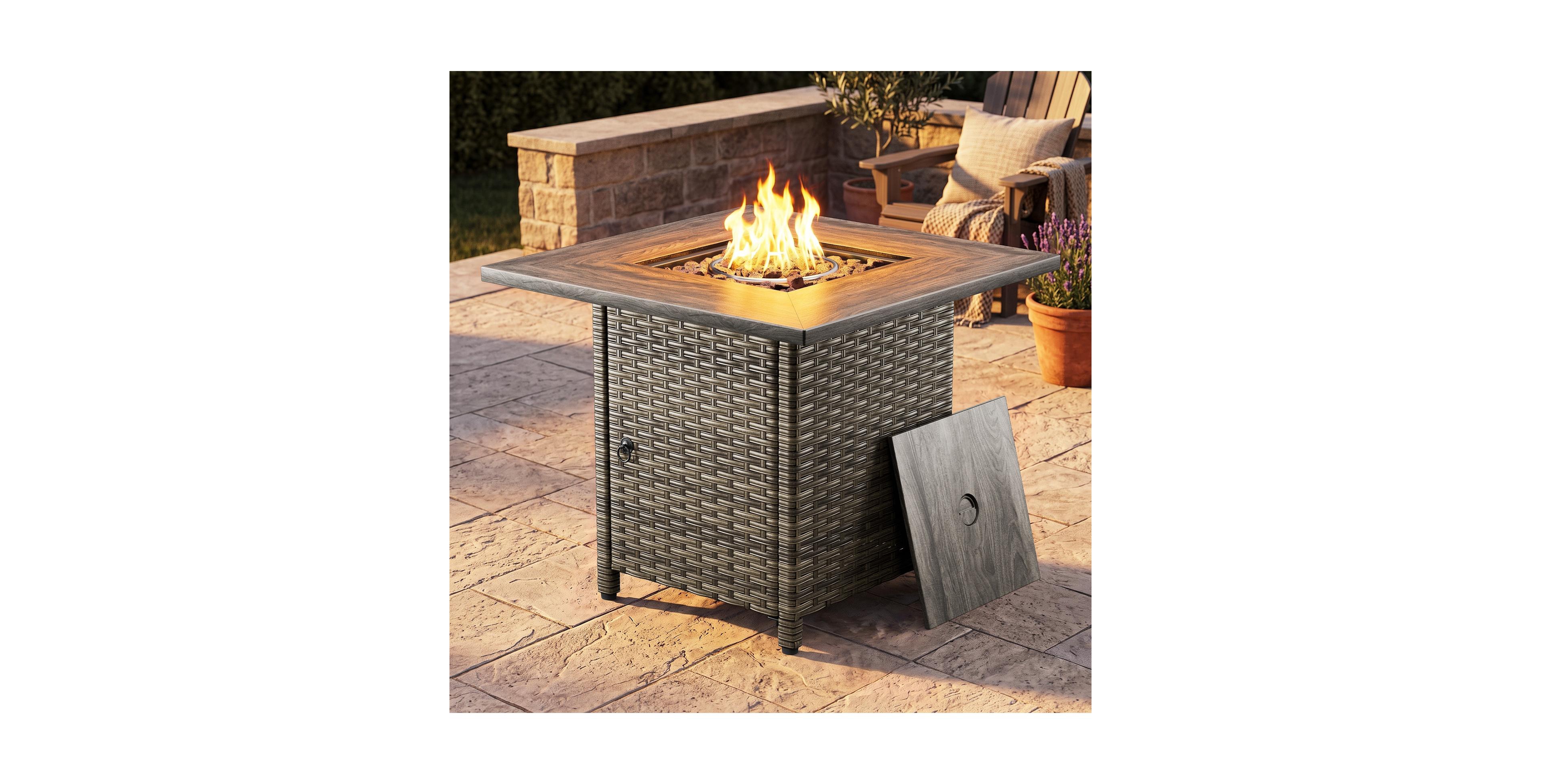 Pocassy 30" Outdoor Square Rattan Propane Gas Fire Pit Table for Outside Patio