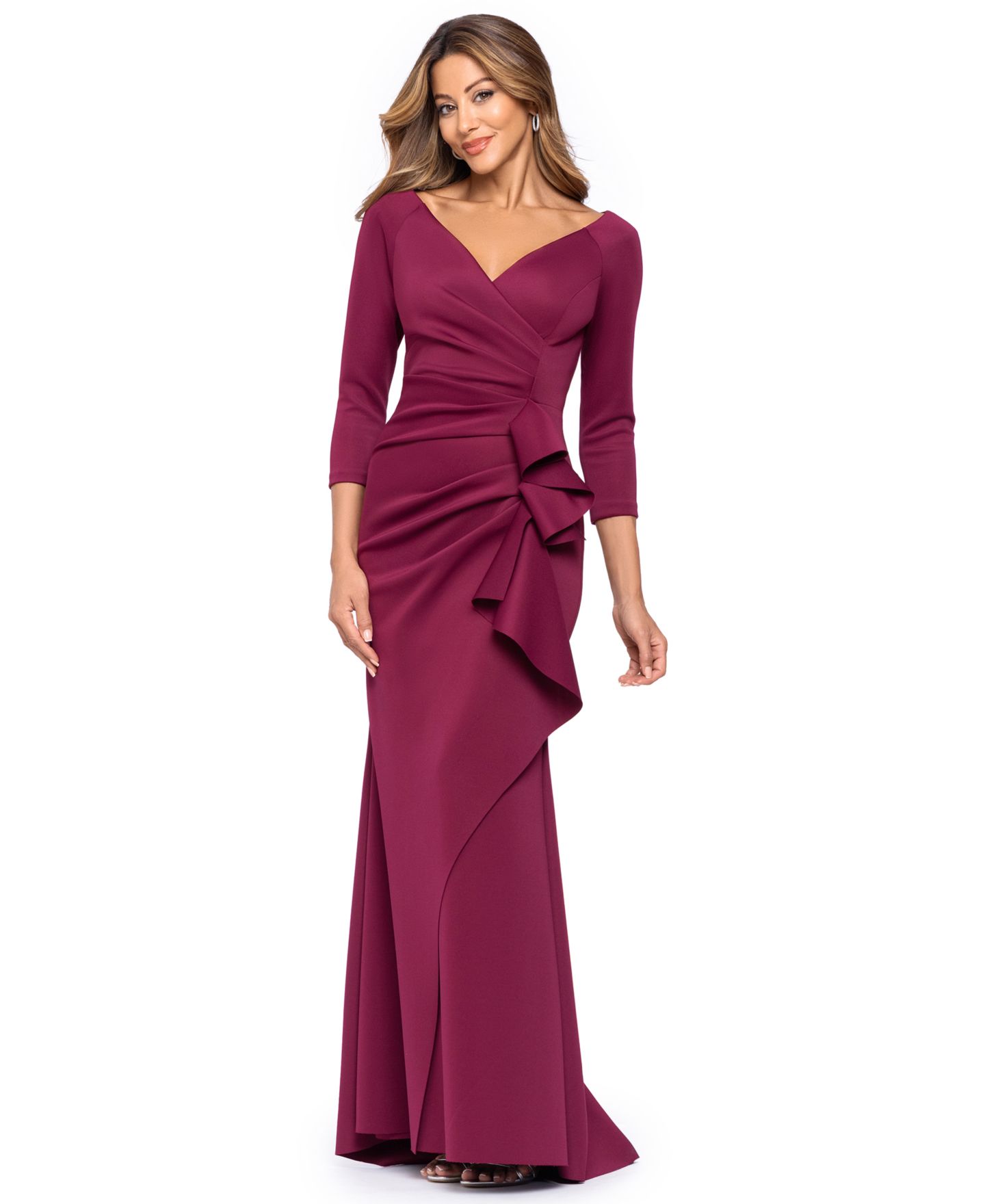 Женское платье XSCAPE 3/4-Sleeve Ruffle Long, цвет: Винный — фото 2