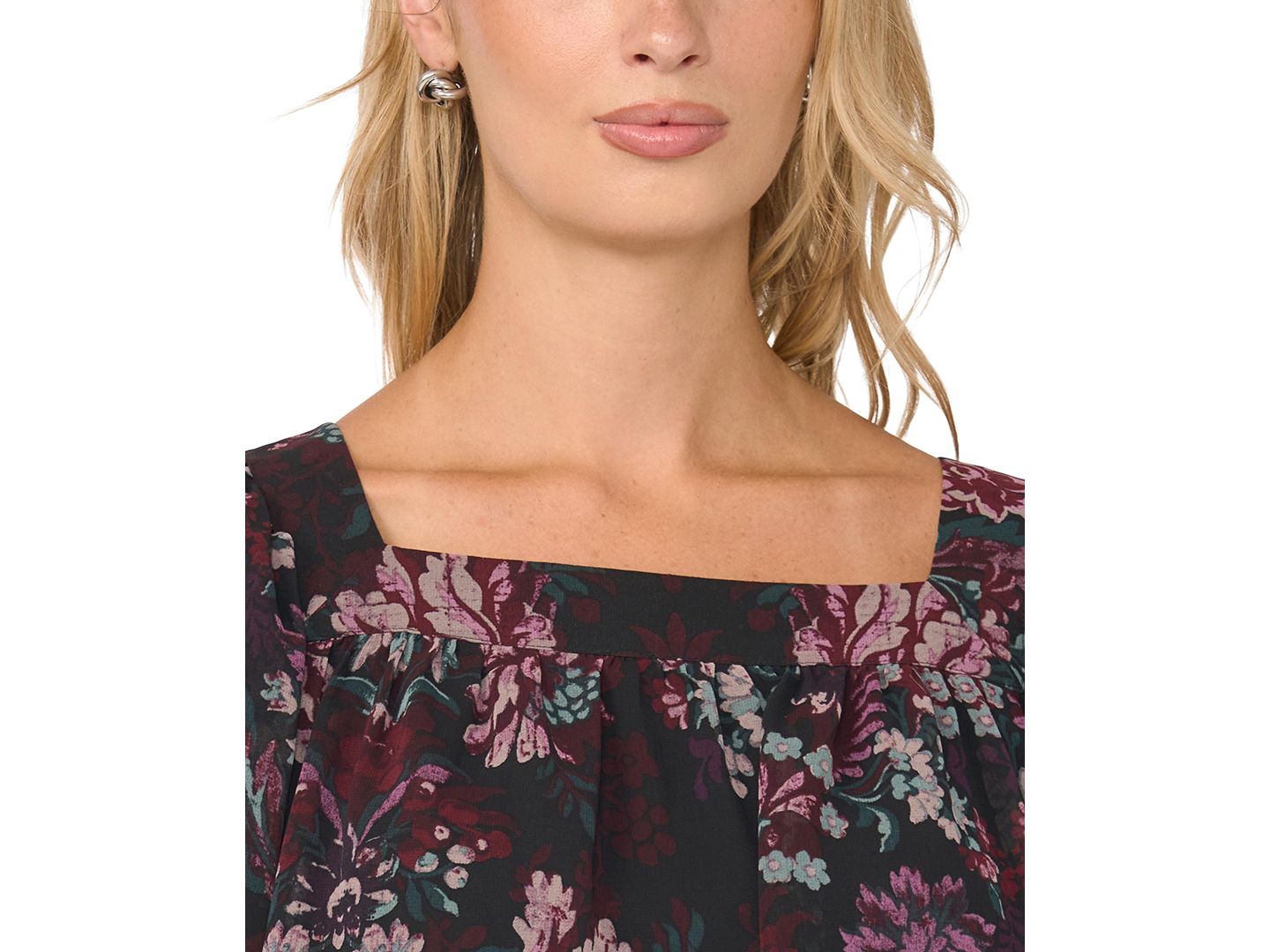Женская блузка Vince Camuto Damask Floral Square Neck Bubble Short-Sleeve, цвет: Насыщенный чёрный — фото 3