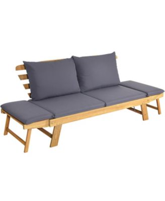 Convertible Acacia Wood Patio Daybed Sofa with Thick Cushion