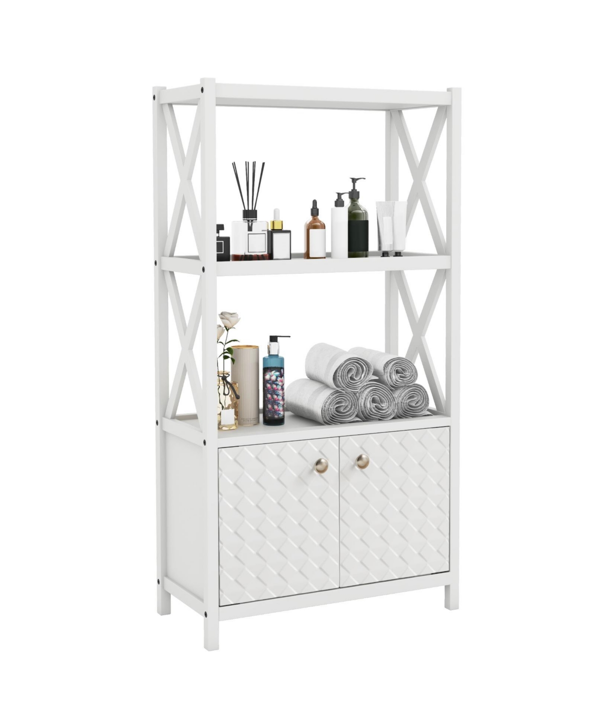 Sugift Double Door Bathroom Storage Cabinet with Open Shelves