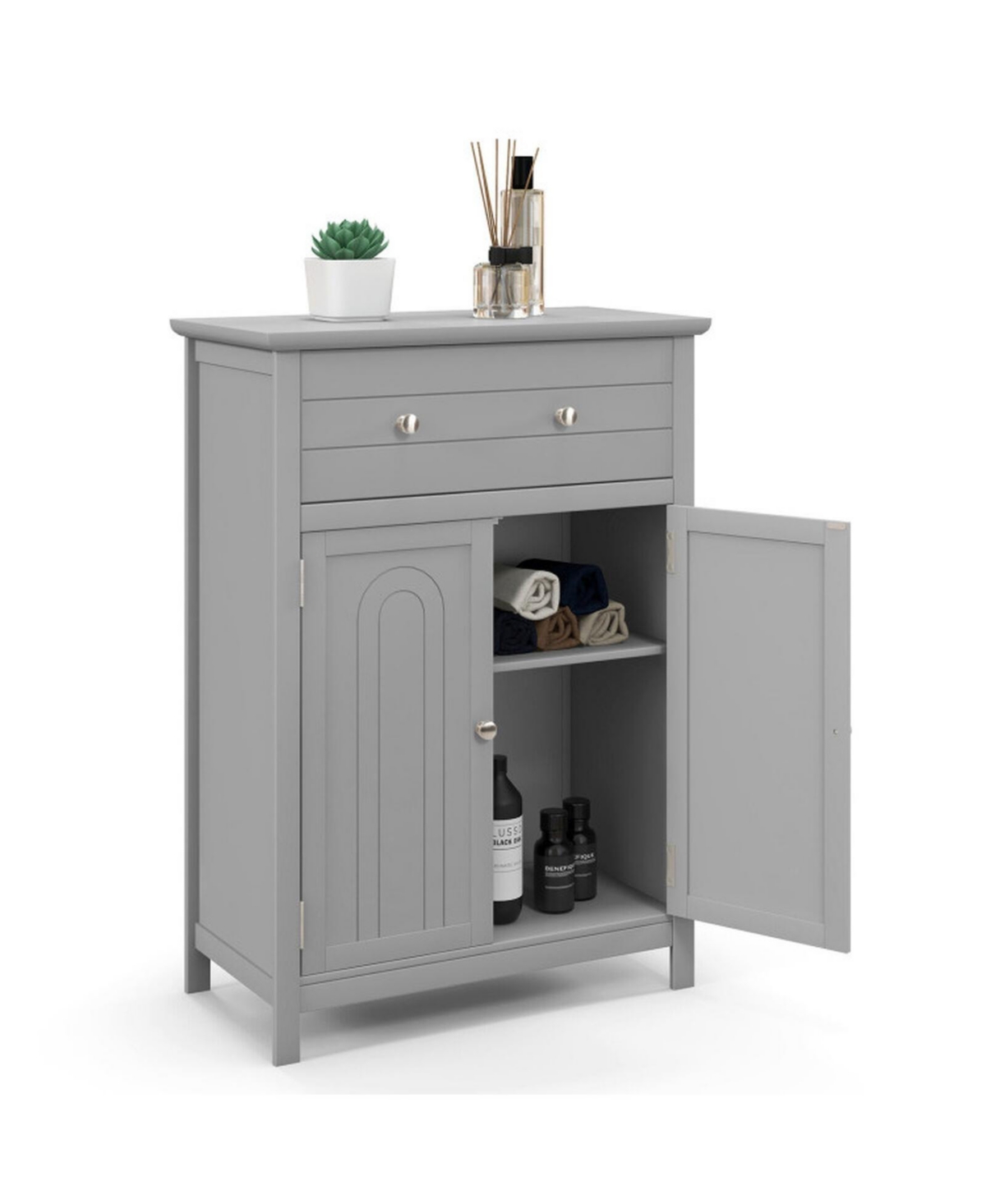 Sugift Wooden Bathroom Floor Cabinet with Drawer and Adjustable Shelf - Grey