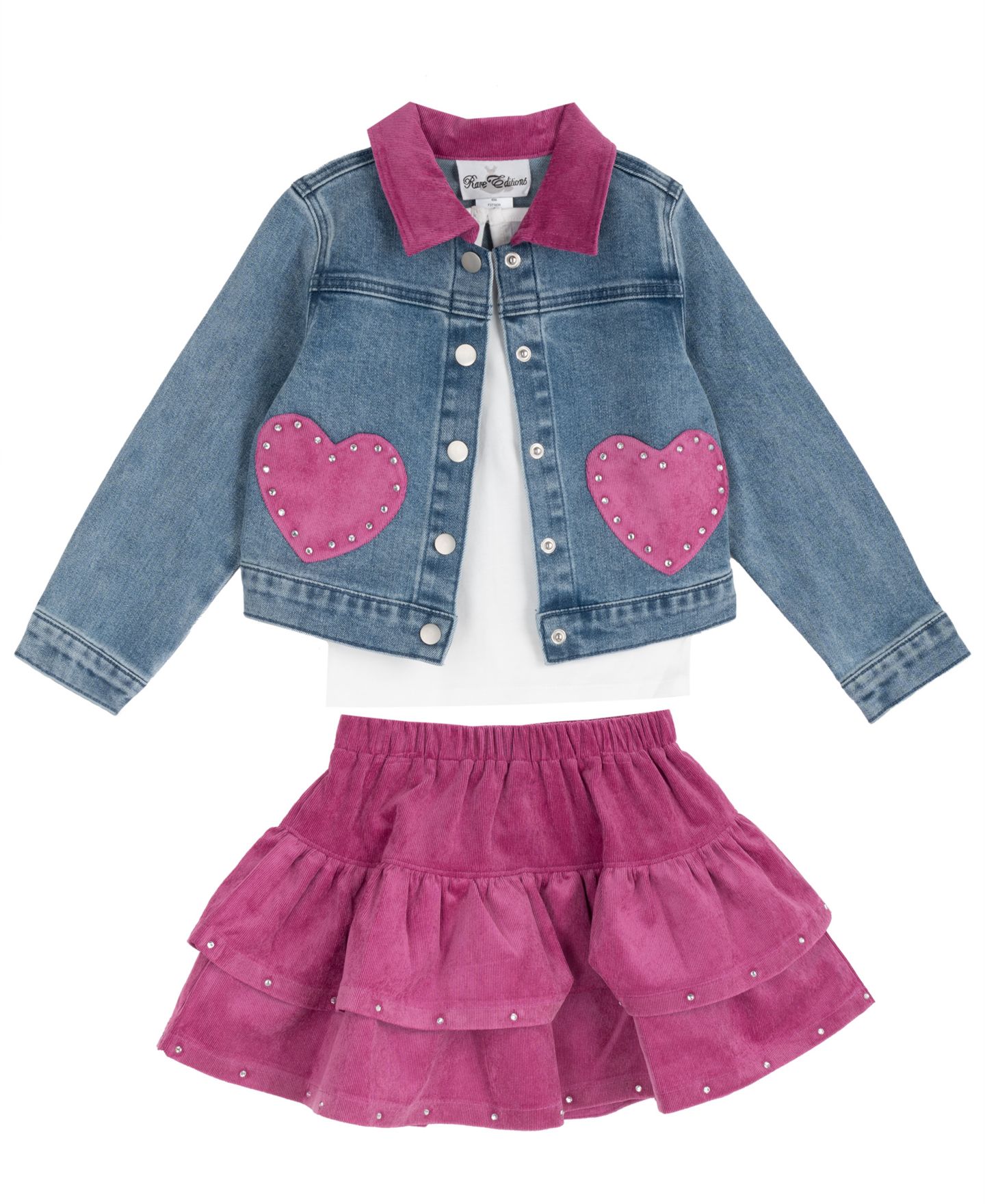 Комплекты Rare Editions Rhinestone Denim Jacket, T-Shirt, and Corduroy Skirt, 3-Piece Set для девочек, цвет: Малиновый — фото 4
