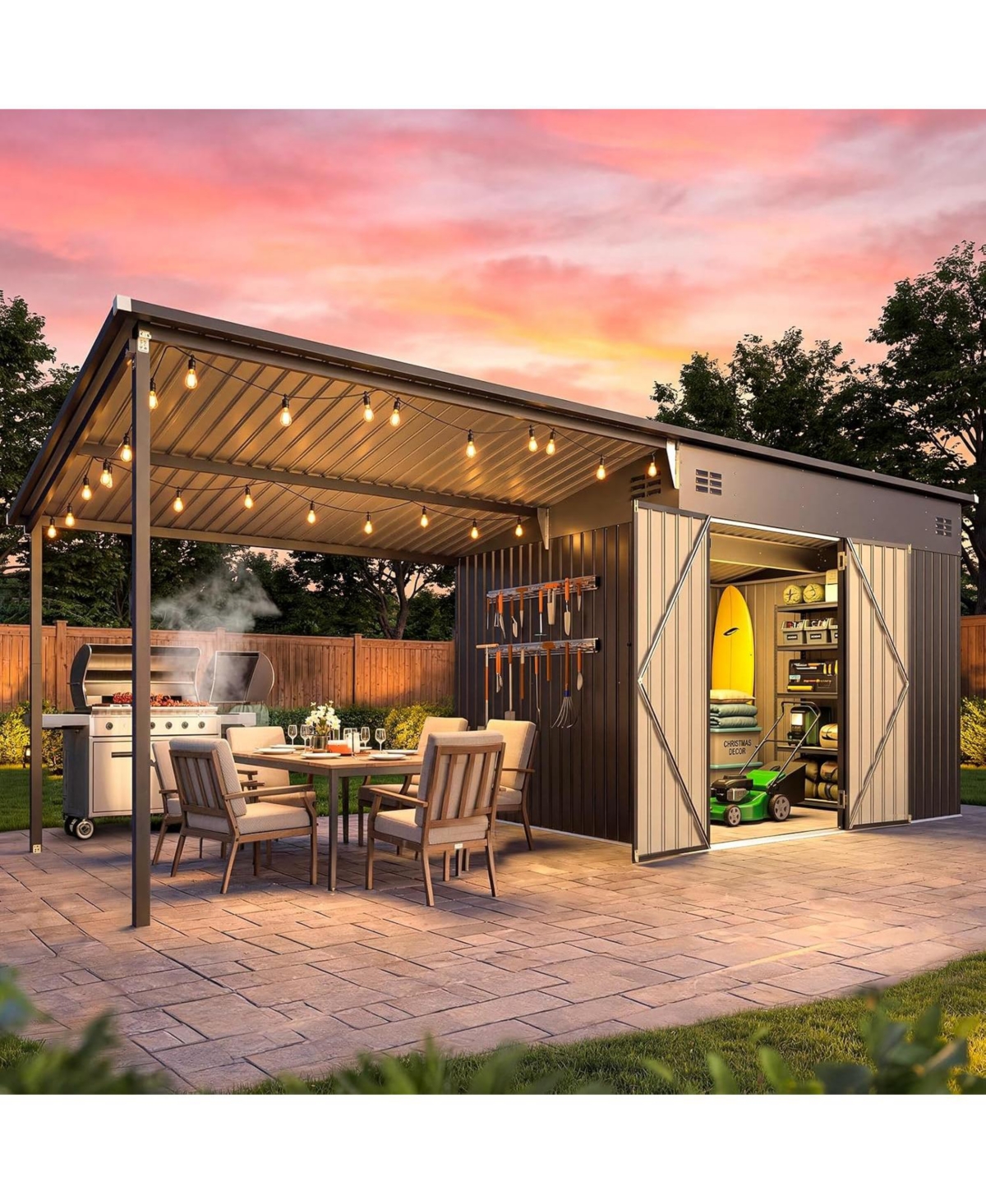 Aecojoy 20 ft. x 8 ft. Metal Outdoor Storage Shed with Hardtop Pergola - Heavy-Duty Garden and Tool Storage for Backyard and Patio - Gray