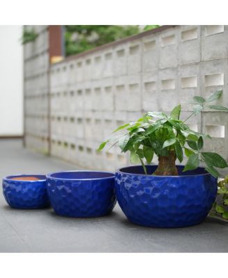 Set of 3 Handmade Cobalt- Hammered Ceramic Planters with Breathable Clay