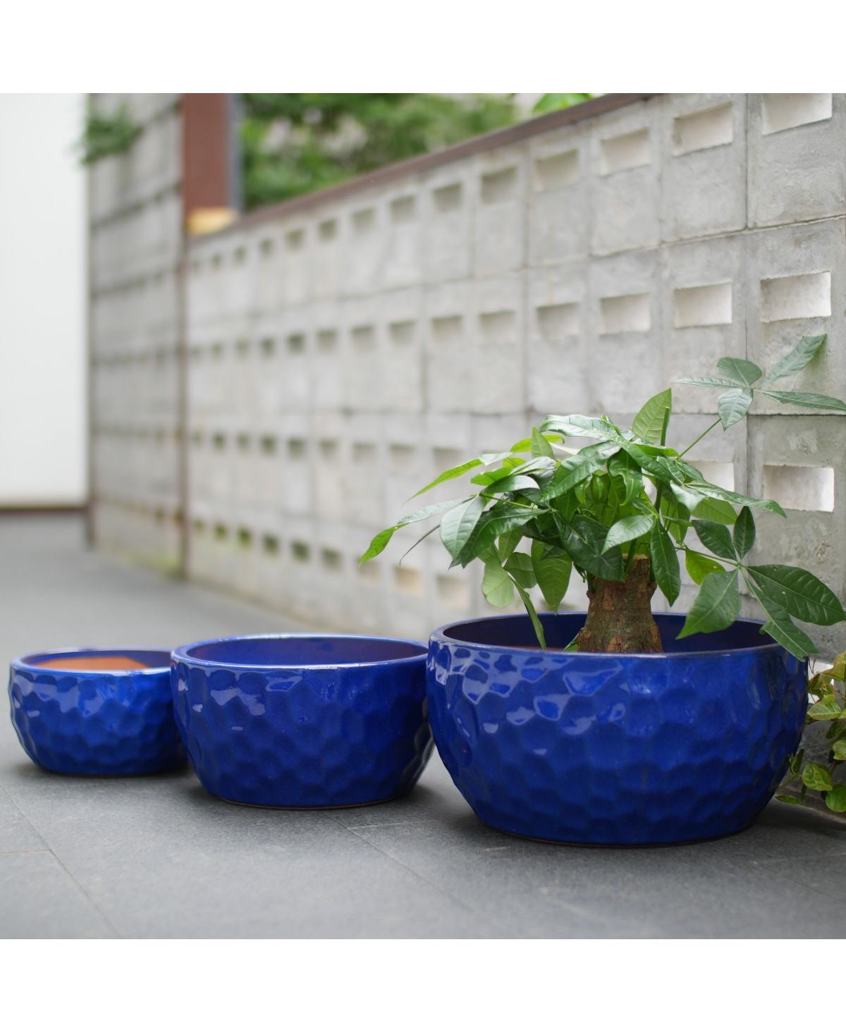 Laoties Set of 3 Handmade Cobalt- Hammered Ceramic Planters with Breathable Clay