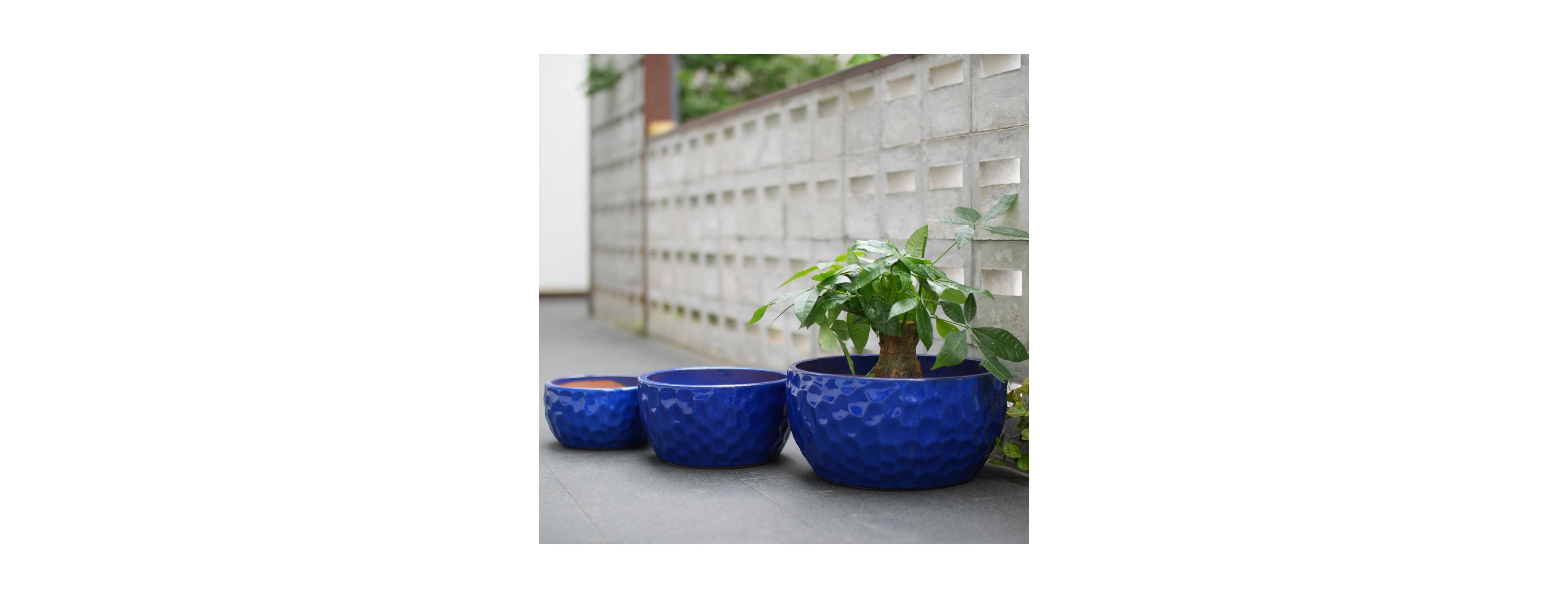 Laoties Set of 3 Handmade Cobalt- Hammered Ceramic Planters with Breathable Clay