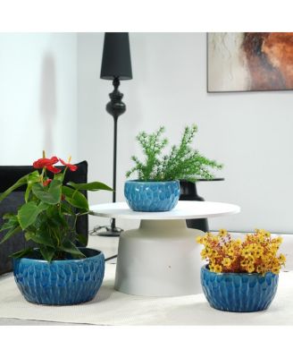 Set of 3 Handmade Cobalt- Hammered Ceramic Planters with Breathable Clay